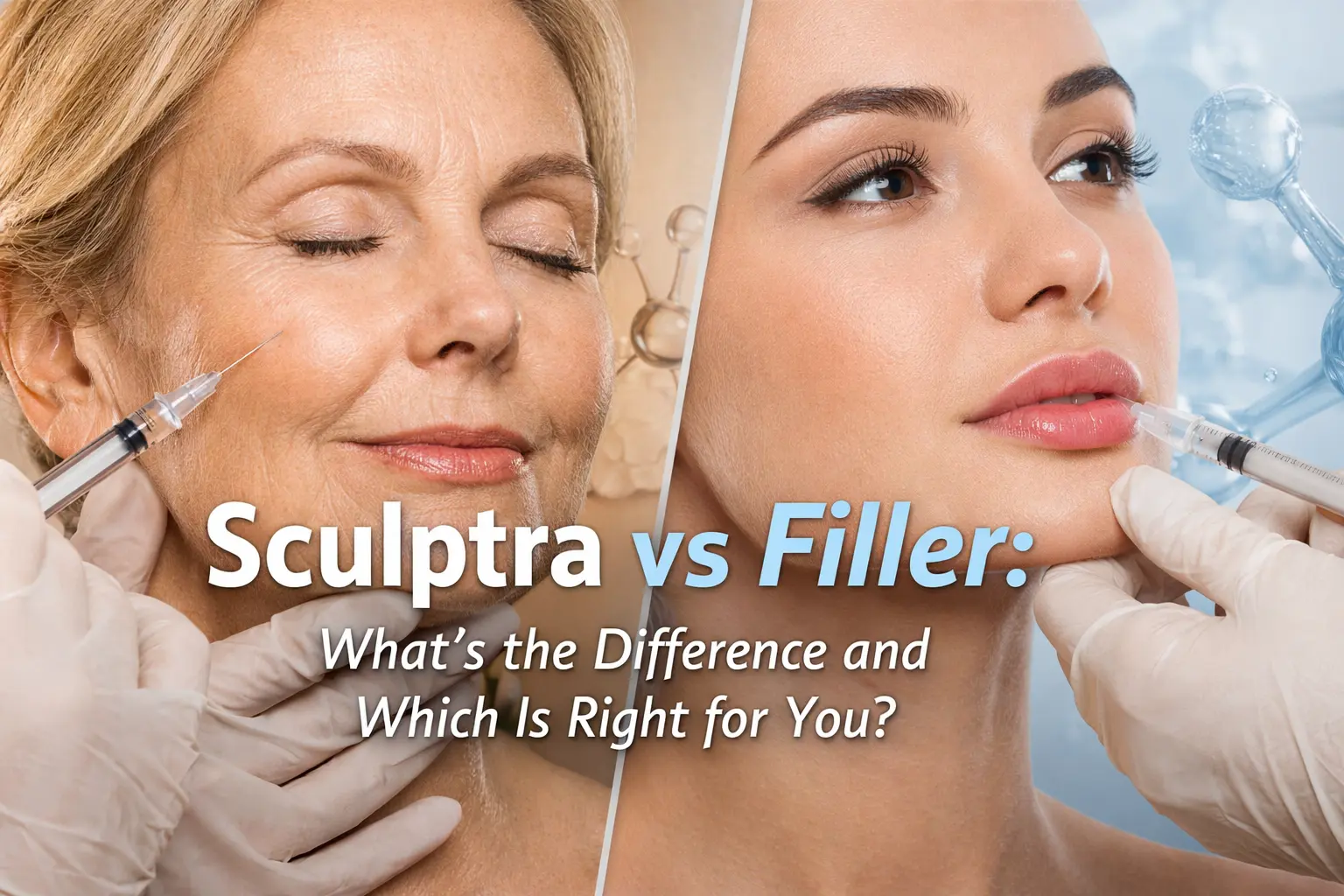 Horizontal image comparing Sculptra vs filler treatments, showing facial rejuvenation results with overlaid text reading “Sculptra vs Filler: What’s the Difference and Which Is Right for You?”