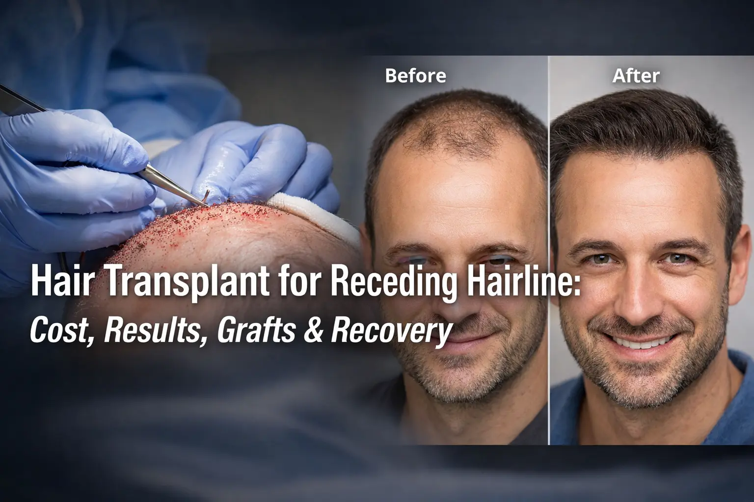 Hair transplant procedure for receding hairline showing surgeon placing grafts along the frontal hairline with overlay text about cost, results, grafts, and recovery.