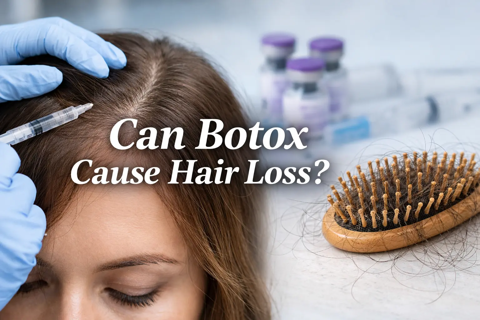 Botox injection near the hairline with a hairbrush showing hair shedding and text overlay reading “Can Botox Cause Hair Loss?”