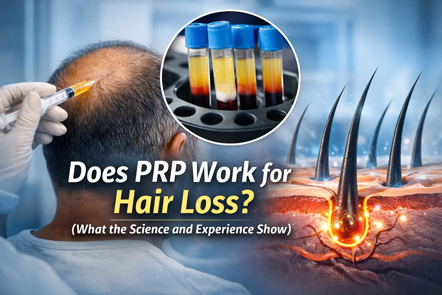 PRP injection into thinning scalp with test tubes of platelet-rich plasma and illustrated hair follicles, overlaid text reading “Does PRP Work for Hair Loss?”