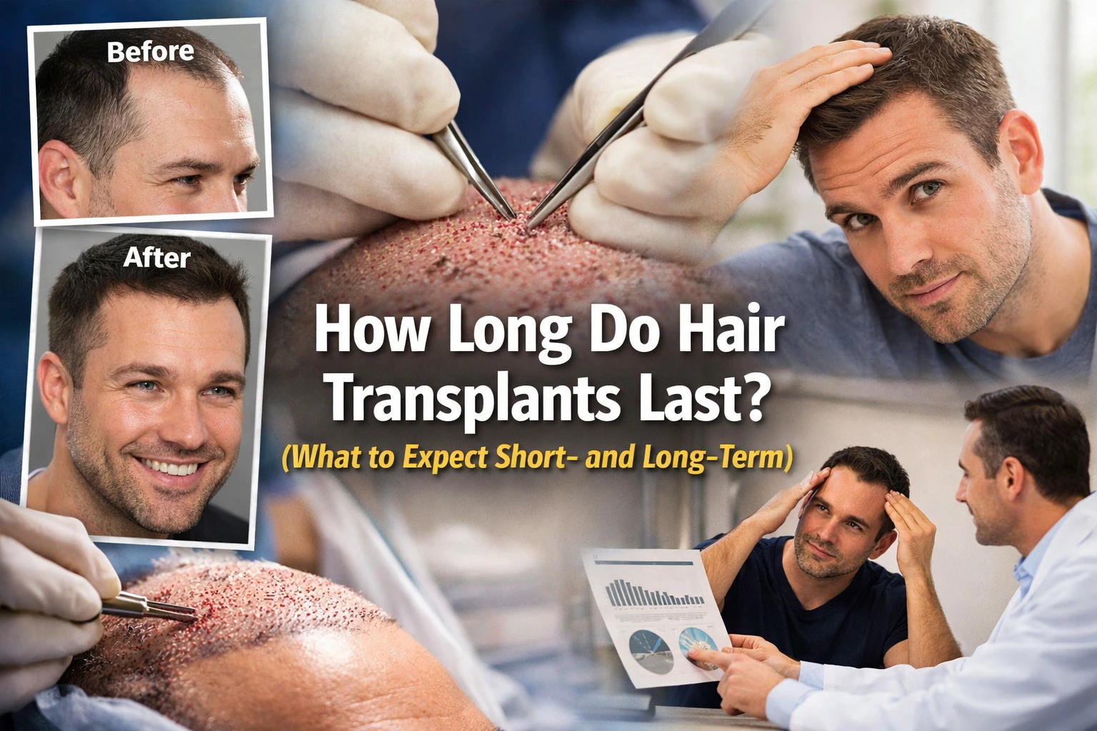 Composite featured image showing before-and-after hair transplant results, a surgeon placing grafts, and a man checking his hairline, with overlaid text about how long hair transplants last.