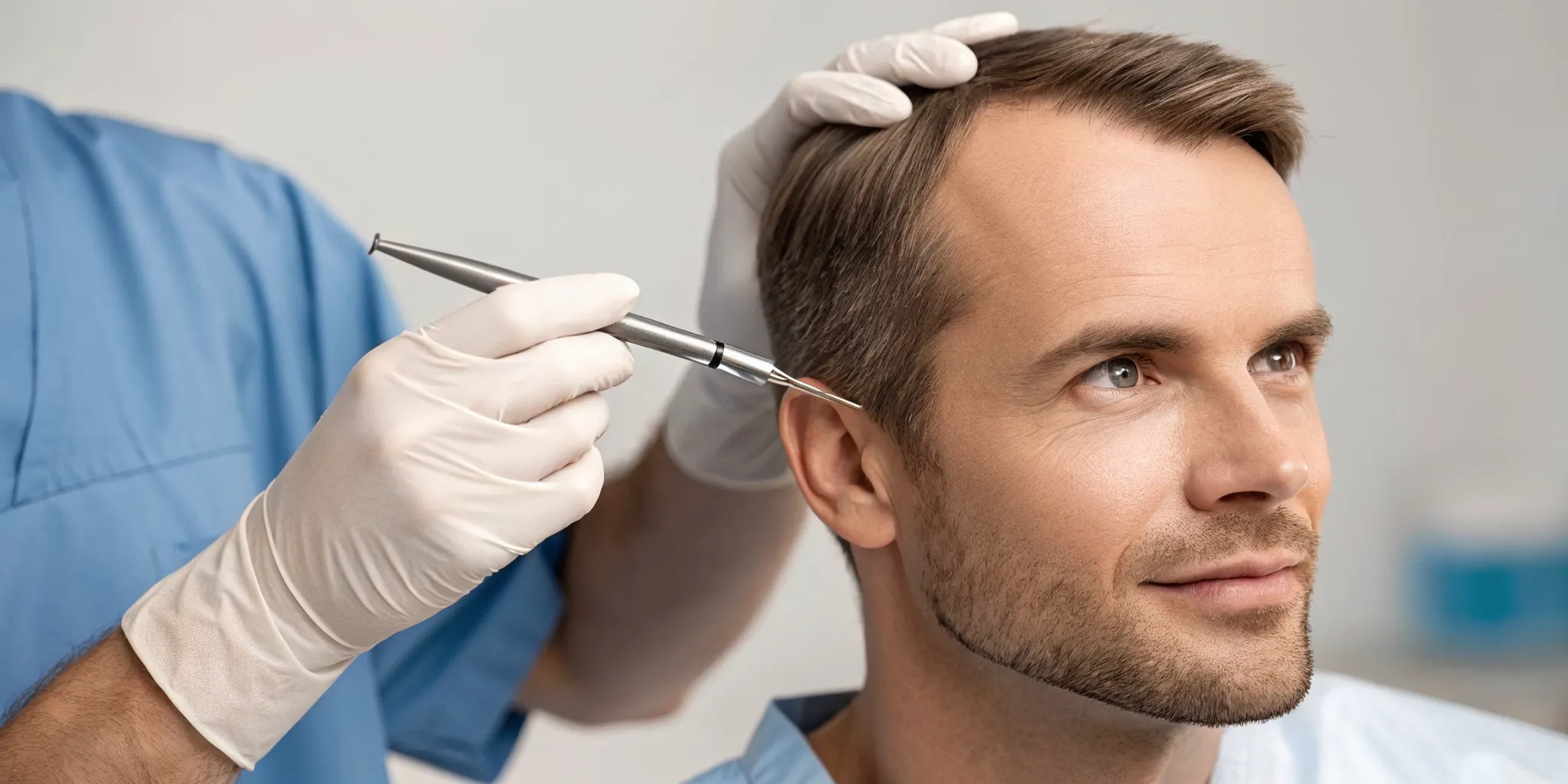 Surgeon performing FUE hair transplant surgery on a patient's scalp.