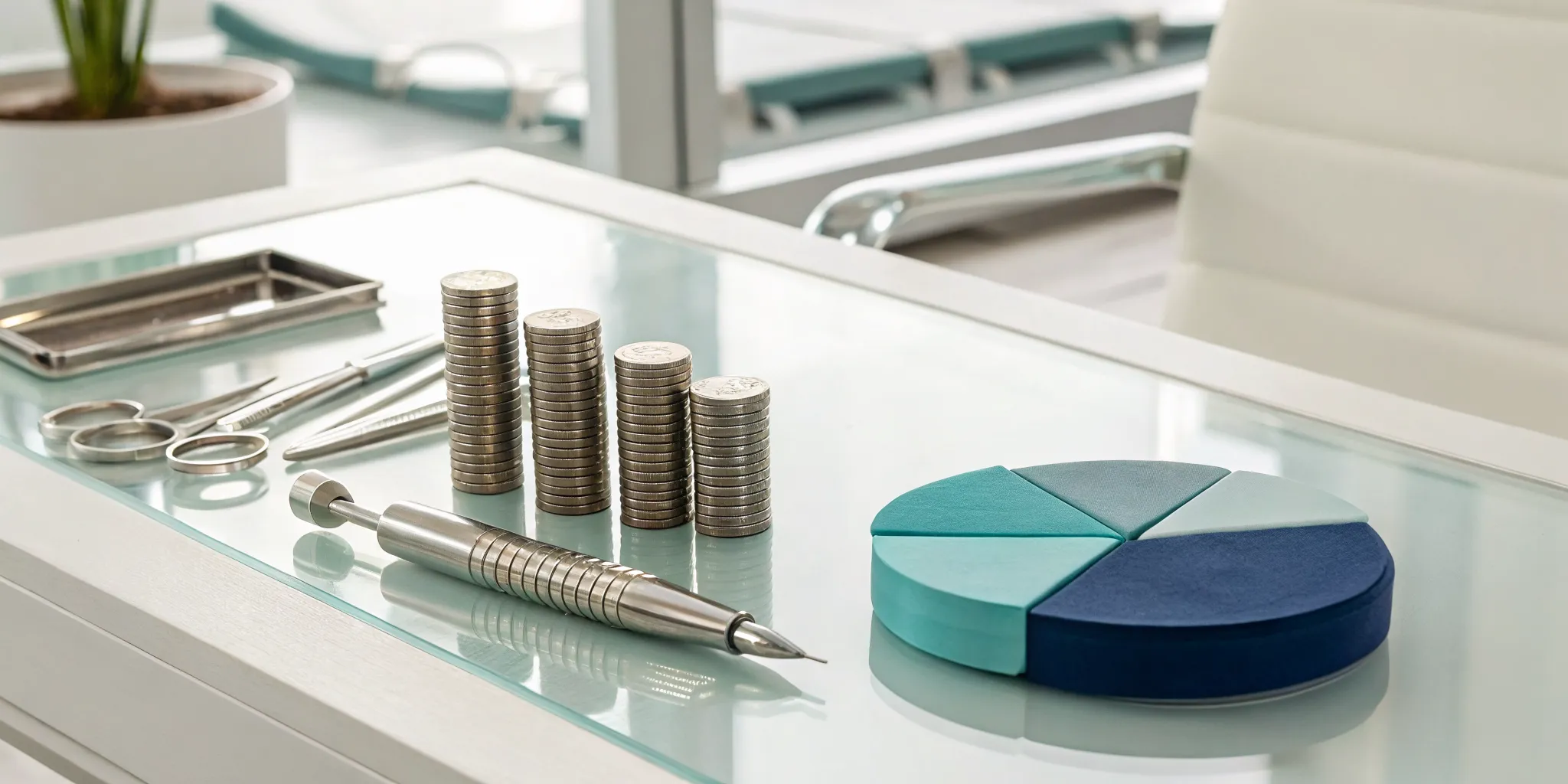 Surgical tools, coins, and a chart breaking down the FUE hair transplant technique cost.