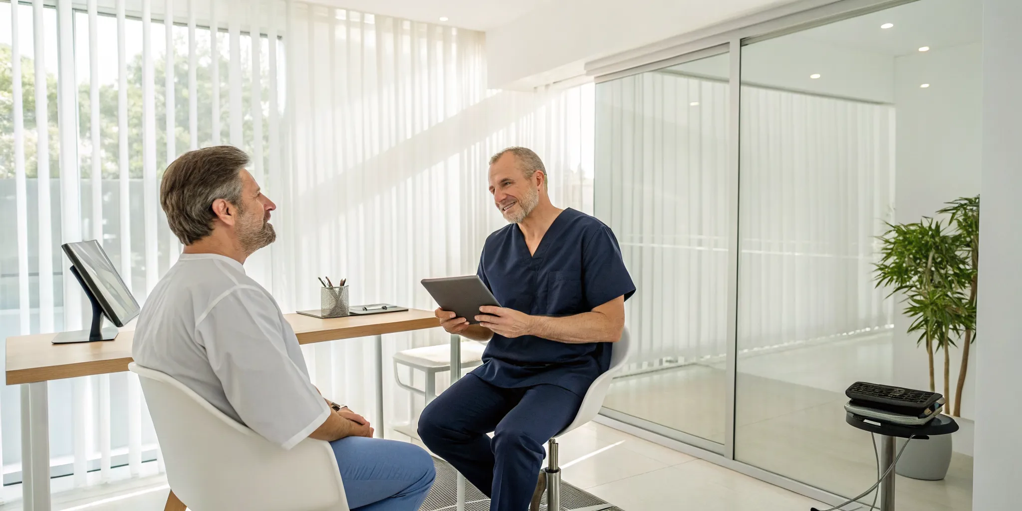 A doctor explains the FUE hair transplant technique and its associated cost to a patient.