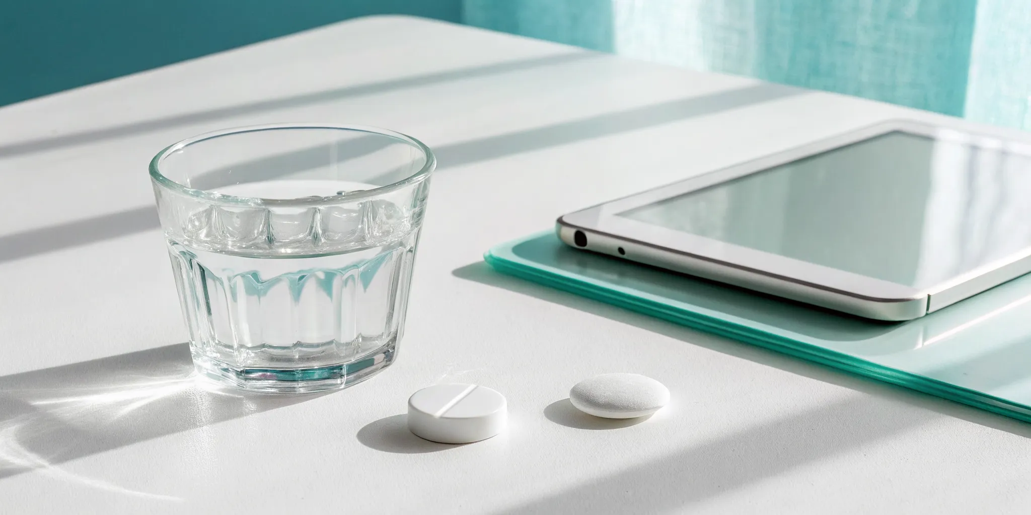 Two oral semaglutide tablets next to a glass of water.