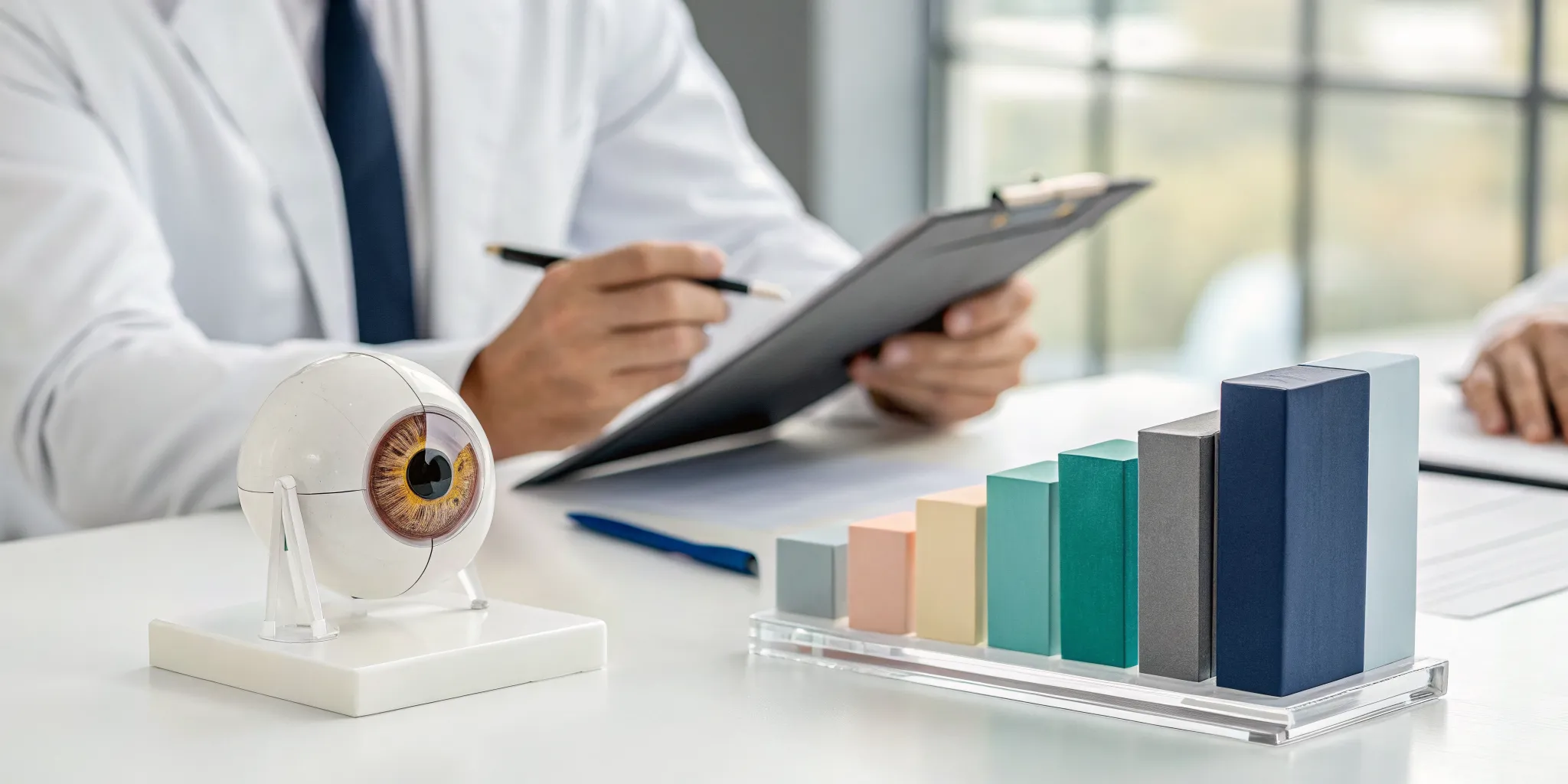 Doctor explaining upper eyelid surgery prices with a cost chart and anatomical eye model.